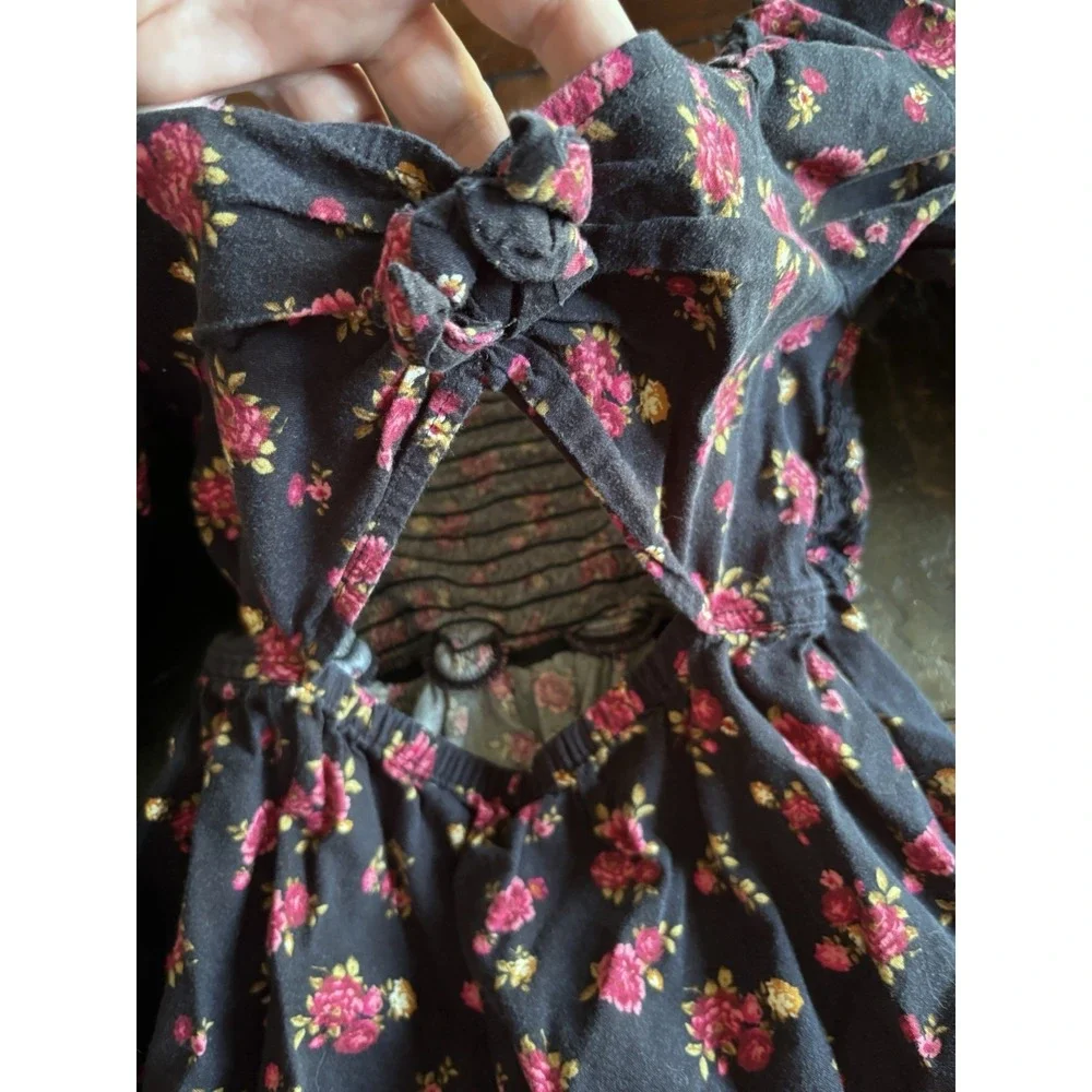 Old Navy Girls Size Large Black Red Floral Dress Long Sleeve Open Back Boho